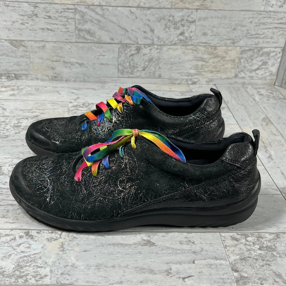 Klogs Sneaker Shoes Womens Size 10M Black Leather Rainbow Lace Up‎ Casual